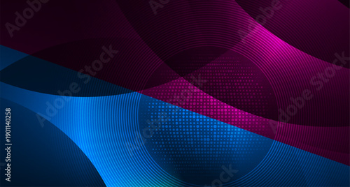 Contrast blue violet glowing shiny waves abstract background with linear circles and halftone dots. Vector design