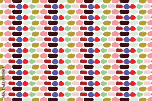This image displays a repeating pattern of vertical stripes composed of irregularly shaped dots. The main stripes feature stacked, dark brown shapes, alternating with columns of red and blue dots. 