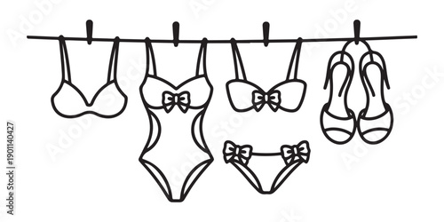 Swimsuits and beach shoes hanging on a clothesline with clothespins black and white outline vector