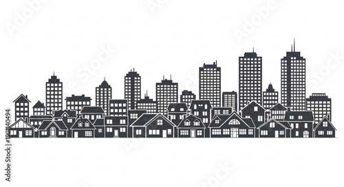 Cityscape silhouette of buildings and houses.