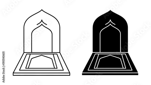 Islamic prayer rug and mihrab icon set isolated on white background, minimalist vector illustration of sajadah for Ramadan Kareem and daily Salah worship concepts in line and glyph style