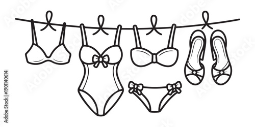 Swimsuits and beach shoes hanging on a clothesline with bows black and white outline vector