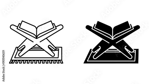 Quran on Rehal stand icons on prayer rug, open holy book vector illustration in outline and solid styles, Islamic religious symbols for Ramadan Kareem and Muslim worship, minimalist design