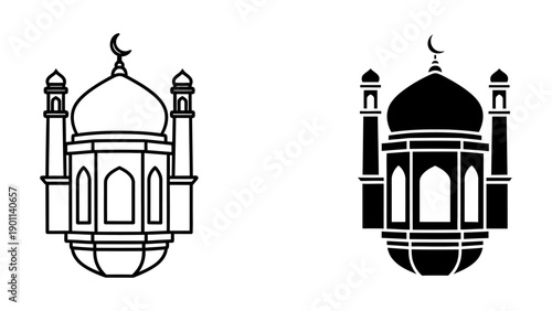 Mosque Building Icon Set with Outline and Solid Silhouette Styles Representing Islamic Architecture for Ramadan Kareem and Eid Mubarak Celebrations, Minimalist Vector Illustration.