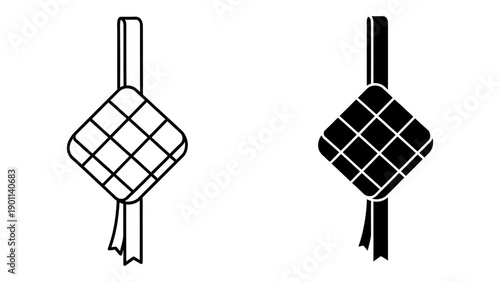 Ketupat icons in outline and solid silhouette styles representing traditional Southeast Asian rice dumplings for Eid al-Fitr and Ramadan celebrations, isolated on white background.
