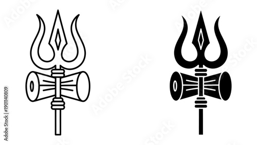 Set of Lord Shiva's Trishula and Damaru Vector Icons Representing Divine Power and Cosmic Rhythm in Minimalist Black and White Outline and Silhouette Styles for Religious Graphic Design.