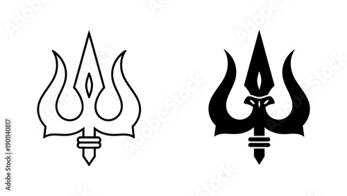 Set of two trident icons featuring outline and solid black silhouette designs representing the Trishula of Lord Shiva and Poseidon's spear in a clean minimalist vector style for graphic design.