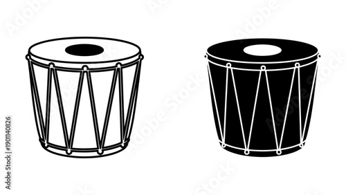Traditional Indian Nagada Drum Vector Icons Set Featuring Outline and Silhouette Styles for Cultural Music Branding, Folk Festival Graphic Design, and Rhythmic Performance Art.