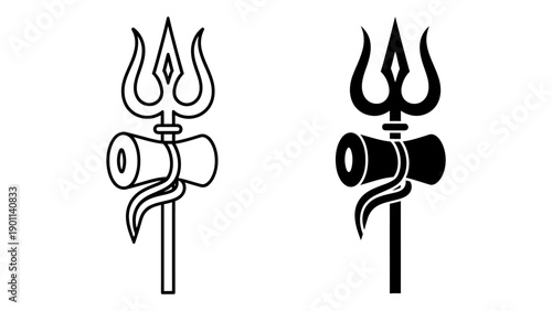 Lord Shiva's Trishula and Damru vector icons representing Hindu spirituality and divine power, isolated on a white background with clean black outlines and solid silhouette graphic styles.