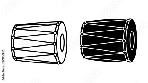 Traditional Indian Dholak percussion instrument icons represented in minimalist line art and solid black silhouette styles, isolated on white background for cultural festival designs.