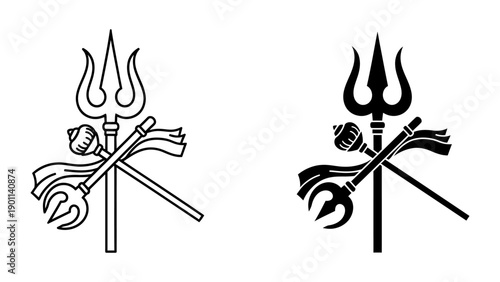 Lord Shiva's Trishul and Gada divine weapons represented in minimalist line art and solid black silhouette icons for religious design, Maha Shivratri festival, and spiritual branding.