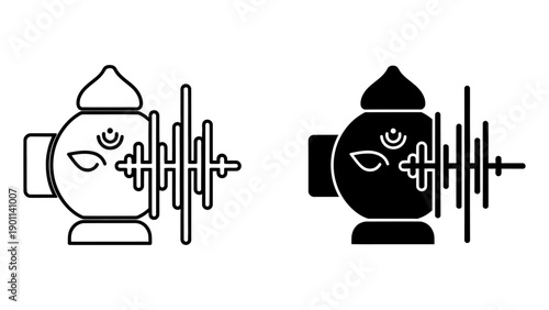 Minimalist Durga Puja Kalash Icon Set with Sound Wave Visualization Representing Devotional Chanting and Spiritual Music for Navratri Festival Celebration in Flat Vector Style