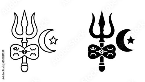 Lord Shiva Trishul and Damru icon set with crescent moon and star, black and white vector illustration of Hindu religious symbols in outline and silhouette styles for Maha Shivratri