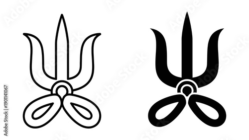 Set of two stylized trident icons featuring outline and solid silhouette styles, representing the Trishula of Lord Shiva or Poseidon's weapon, isolated on white background for religious design