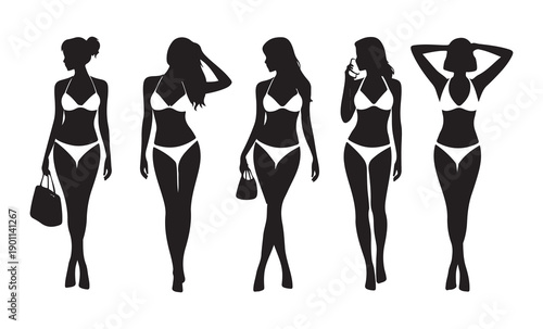 Female body silhouettes in white bikini standing in different poses with accessories on white background set