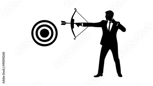 Silhouette of a businessman in a suit posing as an archer, aiming a bow and arrow at a target bullseye, concept of precision and goal setting.