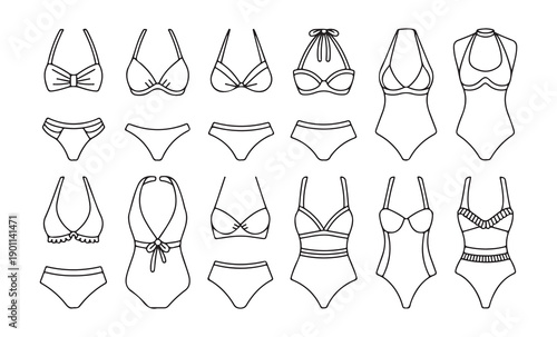 Swimwear line art icons collection featuring various bikini styles and one piece swimsuit designs for summer