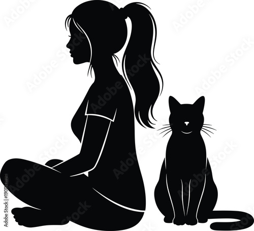 Black silhouette of a young woman sitting cross legged with her pet cat for mindfulness meditation yoga wellness and domestic animal lover concept designs,