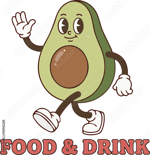 cartoon avocado character waving and running with text