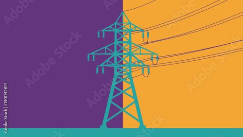 High voltage electricity transmission tower with power lines, distributing energy across a vibrant purple and orange background.