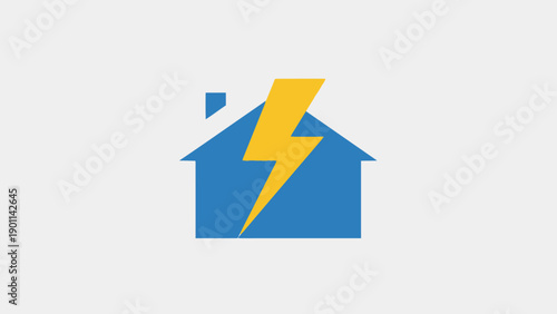 Blue house with yellow lightning bolt, symbolizing electricity and home power on an isolated white background.