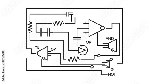 Detailed Electronic Circuit Diagram with Logic Gates and Resistors on Isolated White Background