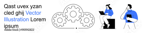 Collaboration, teamwork, productivity, workflow, innovation, technology. Outline of interconnected gears with two people working remotely. Teamwork and productivity concepts