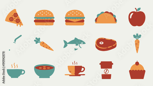 Colorful Collection of Diverse Food Icons including Fast Food, Protein, and Vegetables on a Light Beige Studio Background