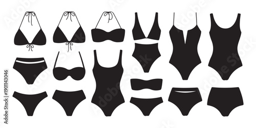 Assortment of black silhouette swimwear styles including bikinis and one-piece options