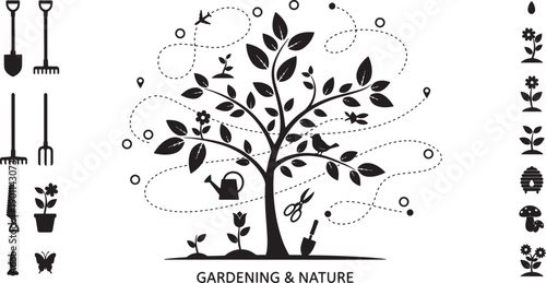 Gardening and nature icons with tree and tools on white