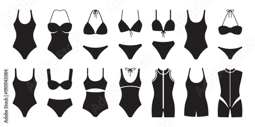 Variety of black silhouette swimwear including one piece and two piece bikini options