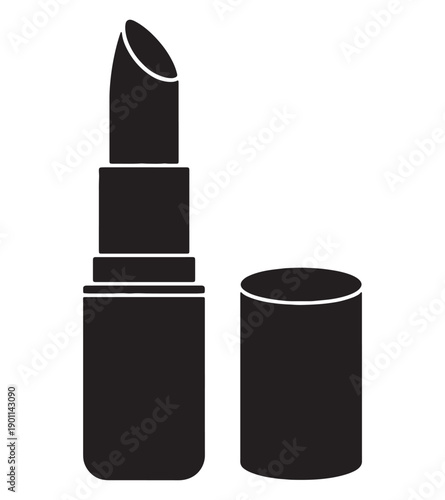 Open lipstick icon black silhouette..Black silhouette icon of open lipstick with extended bullet and separate cap, minimalist beauty vector illustration