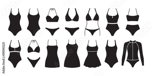 Set of black female swimwear icons with various styles including one piece and bikini sets on white background