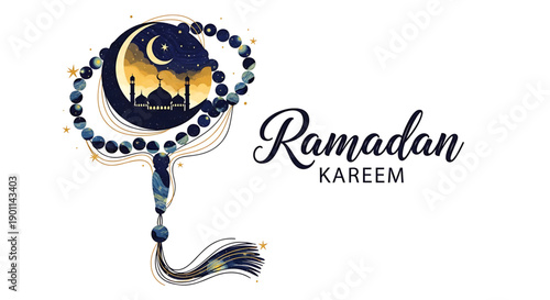 A vector graphic illustration of a Ramadan Kareem design featuring a mosque silhouette, crescent moon, and prayer beads on a white background. Ramadan