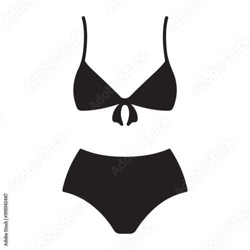 Minimalist triangle bikini top silhouette with bow tie and high rise bottom isolated on white background art
