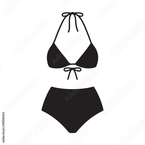 Black halter neck bikini silhouette with high waisted bottom and decorative bow details on white background