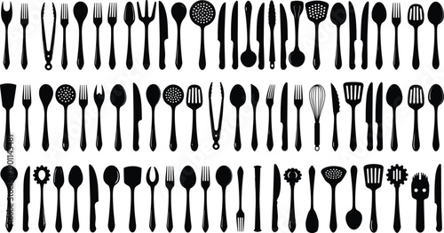 Black and white of various kitchen utensils and cutlery arranged in rows