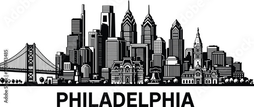 Black and white of Philadelphia skyline with buildings and bridge