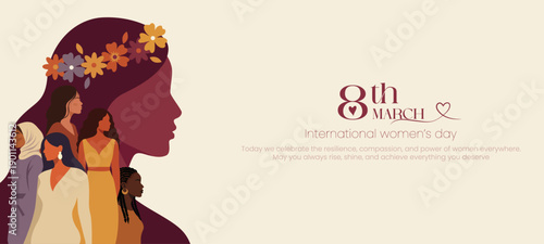 International Women’s Day Illustration with Diverse Women Portraits, Celebrating Women Empowerment March 8, vector illustration.