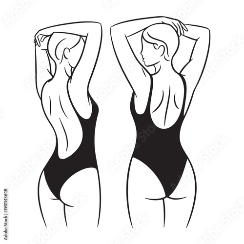 Two women posing in swimsuits back view isolated on white background hand drawn vector illustration