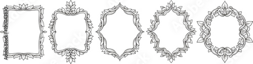 Five ornate frames with leafy borders in varying shapes and sizes rectangular