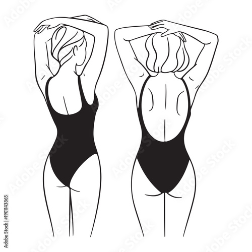 Two women posing in one piece swimsuits back view with hands behind head isolated on white background