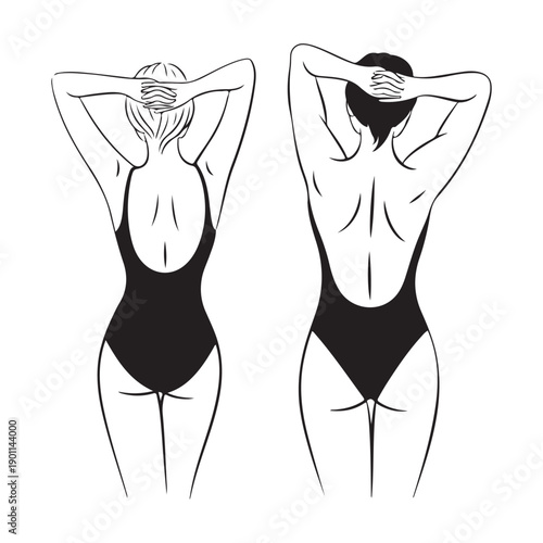 Two women posing in one piece swimsuits with hands on head back view isolated on white background