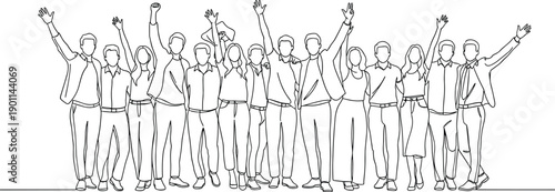 Group of people with raised arms in a celebratory pose in a line formation celebration