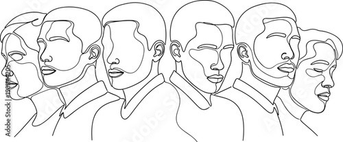 Line of Six Different Faces in Profile View with Various Expressions and Hairstyles line six faces different expressions