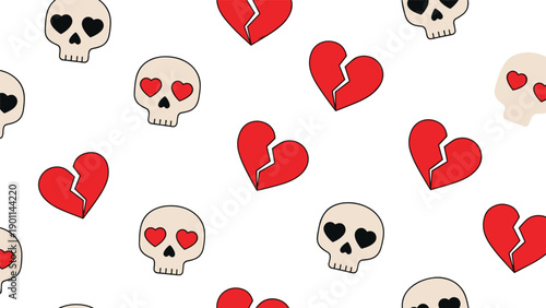 Edgy seamless pattern featuring whimsical skulls with heart-shaped eyes and fragmented broken hearts, creating a unique and unconventional romantic theme.