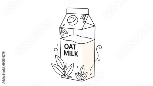 Line art illustration depicts a carton of oat milk with decorative leaves, highlighting plant-based, vegan beverage options.