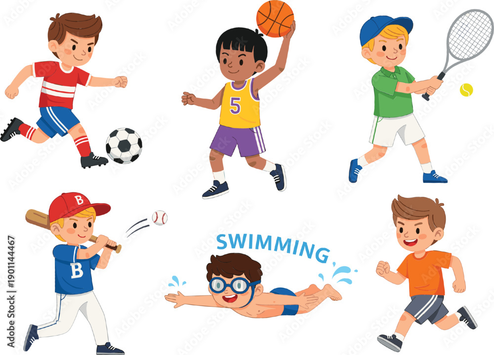 Naklejka premium Set of cute cartoon children playing different sports including soccer, basketball, tennis, baseball, swimming, and runningSet of cute cartoon children playing different sports including soccer, baske