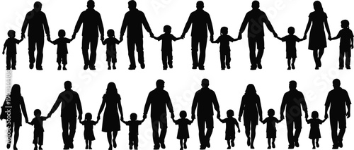 Silhouettes of diverse families holding hands in two rows on white background children