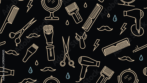 Seamless pattern with line art barber shop tools like scissors, combs, hair dryers, razors, and mustaches on a dark background, ideal for grooming.